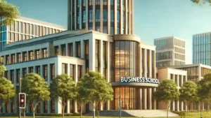 A modern university business school building surrounded by greenery under a clear blue sky.