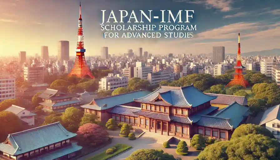 Scenic view of a Japanese university or monument with 'Japan-IMF Scholarship Program' overlay text