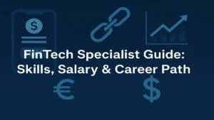 FinTech Specialist career guide visual with finance, banking, chart, and mobile app elements