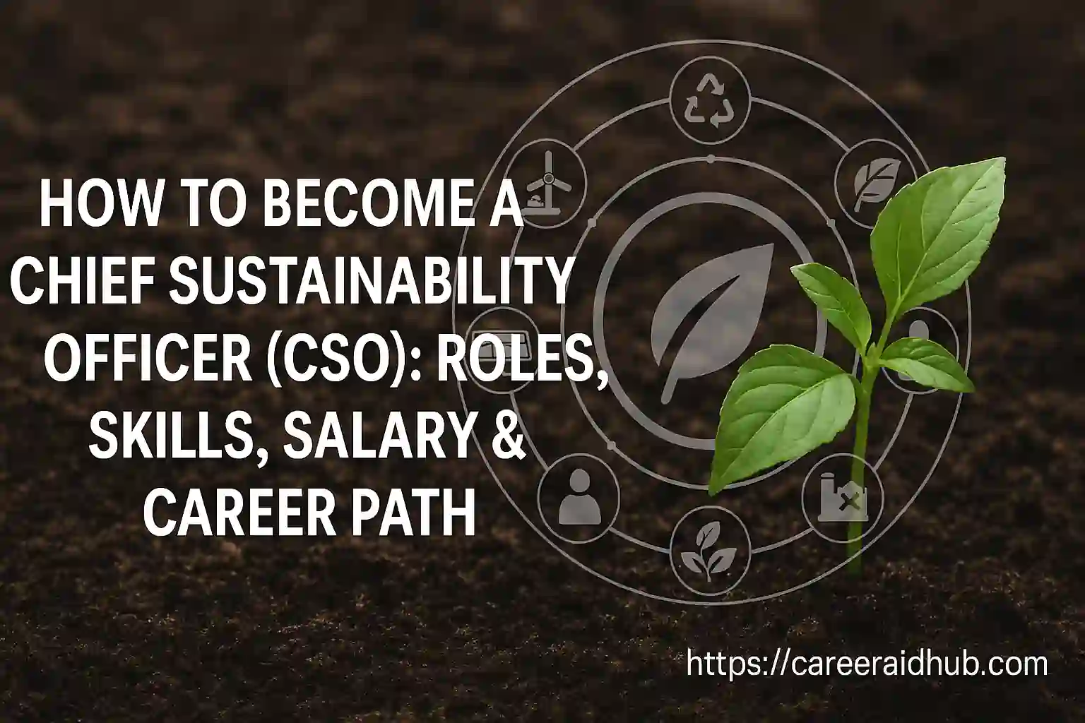 Illustration of sustainability icons and a plant symbolizing the Chief Sustainability Officer career path.