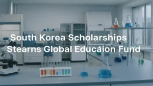 A scenic Seoul cityscape promoting South Korea scholarships through the Stearns Global Education Fund.