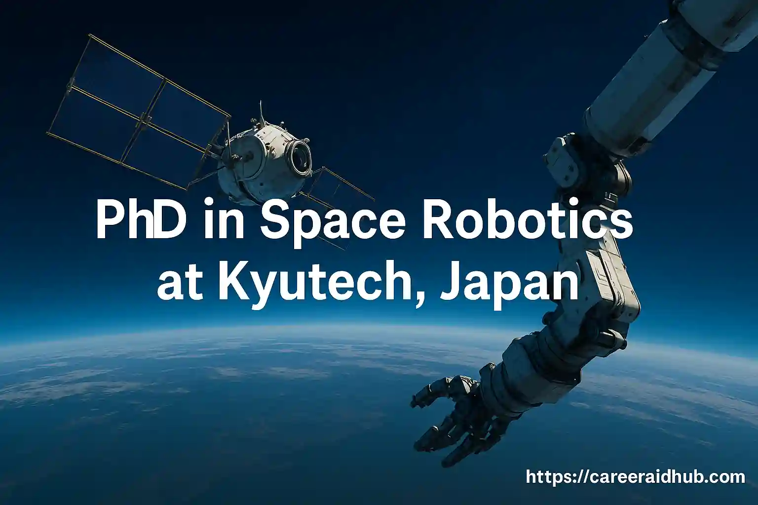 Satellite in space with robotic arm above Earth showing Kyutech PhD in Space Robotics