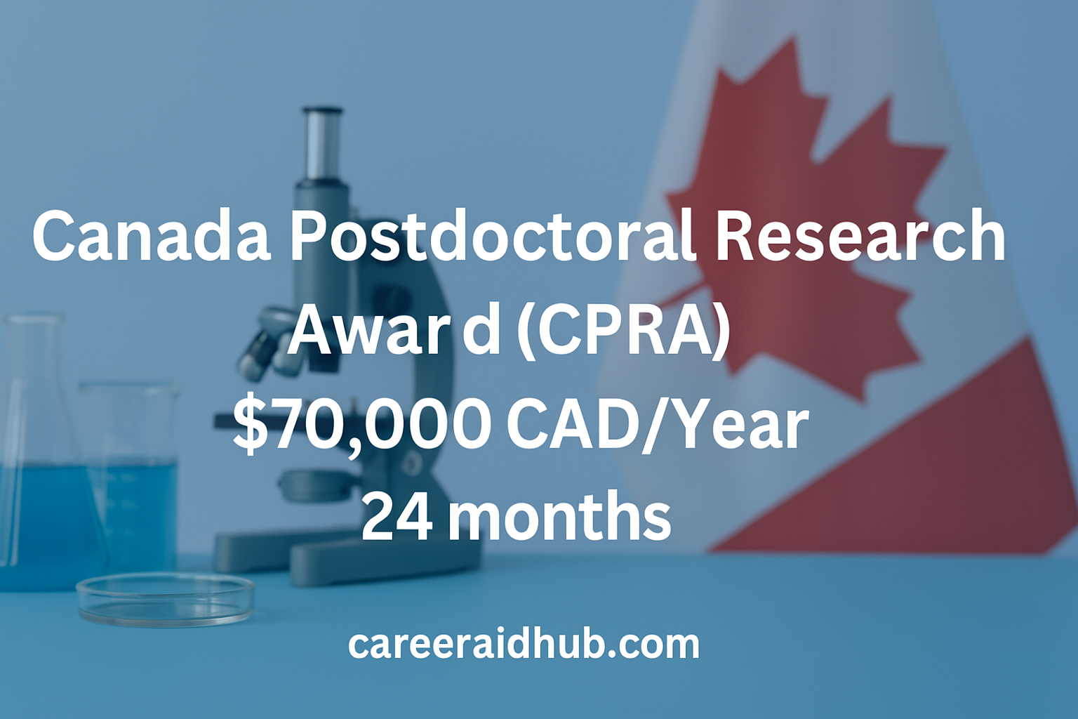 Canada Postdoctoral Research Award CPRA graphic showing stipend, duration, and Canadian research background visuals.