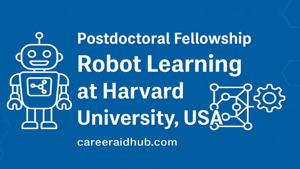 Infographic on Harvard postdoctoral fellowship in robot learning and AI research opportunity, USA