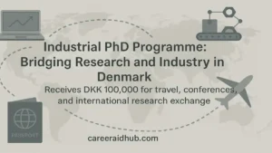 Industrial PhD Denmark visual showing research collaboration between universities and companies with funding details