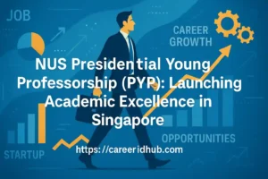 Business-themed academic career growth infographic promoting NUS Presidential Young Professorship in Singapore