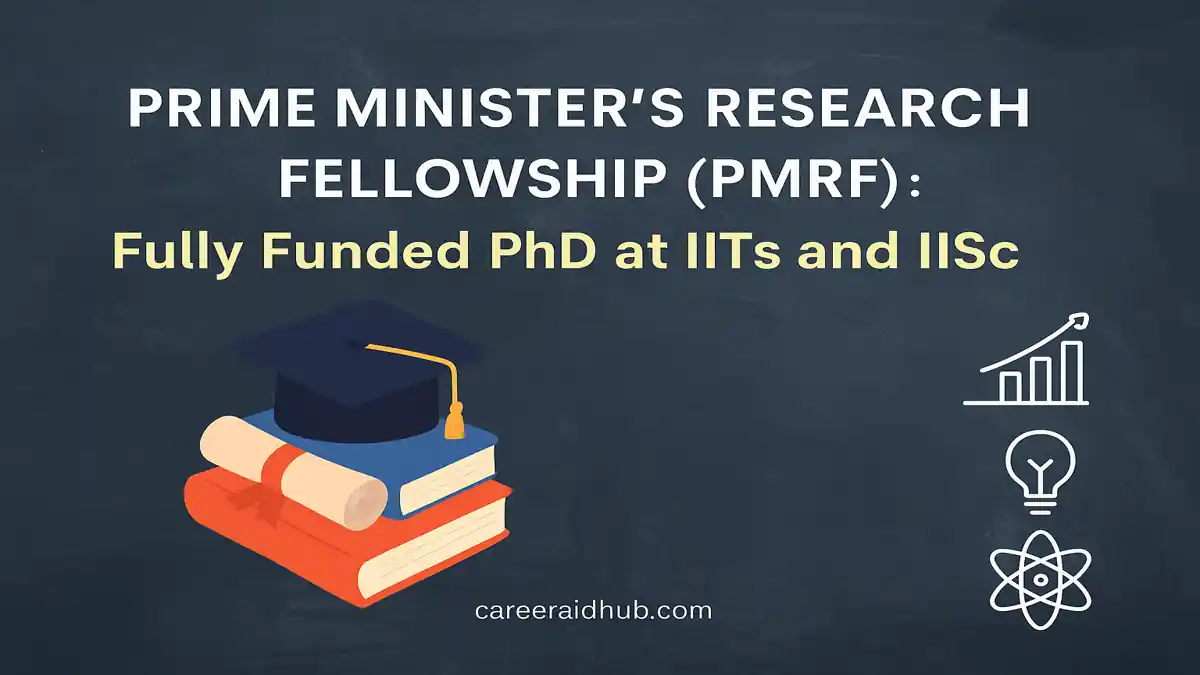 PMRF fellowship infographic showing books, cap, and icons representing research, education, and innovation