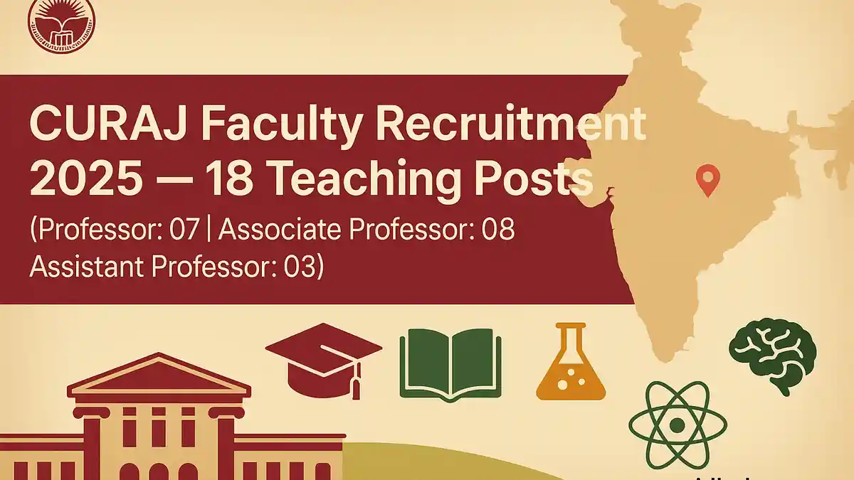 CURAJ faculty recruitment announcement banner highlighting 18 teaching posts, application deadlines, pay levels, and departments.
