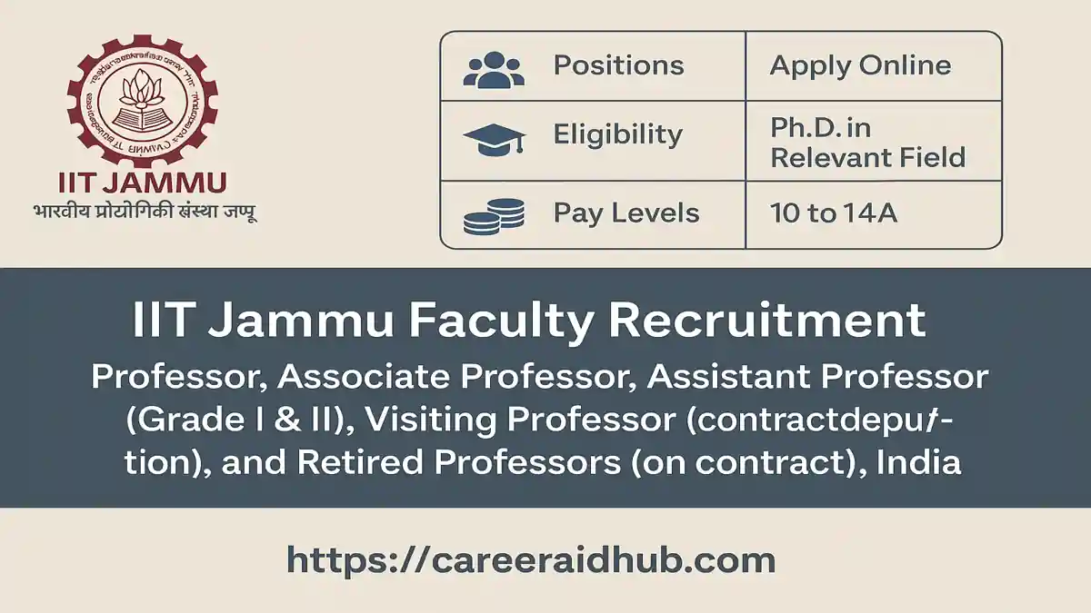 IIT Jammu faculty recruitment advertisement with details on positions, eligibility, pay scales, and application process