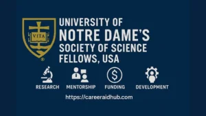 Notre Dame Society of Science Fellows postdoctoral banner with research, mentorship, funding, laboratories, development icons