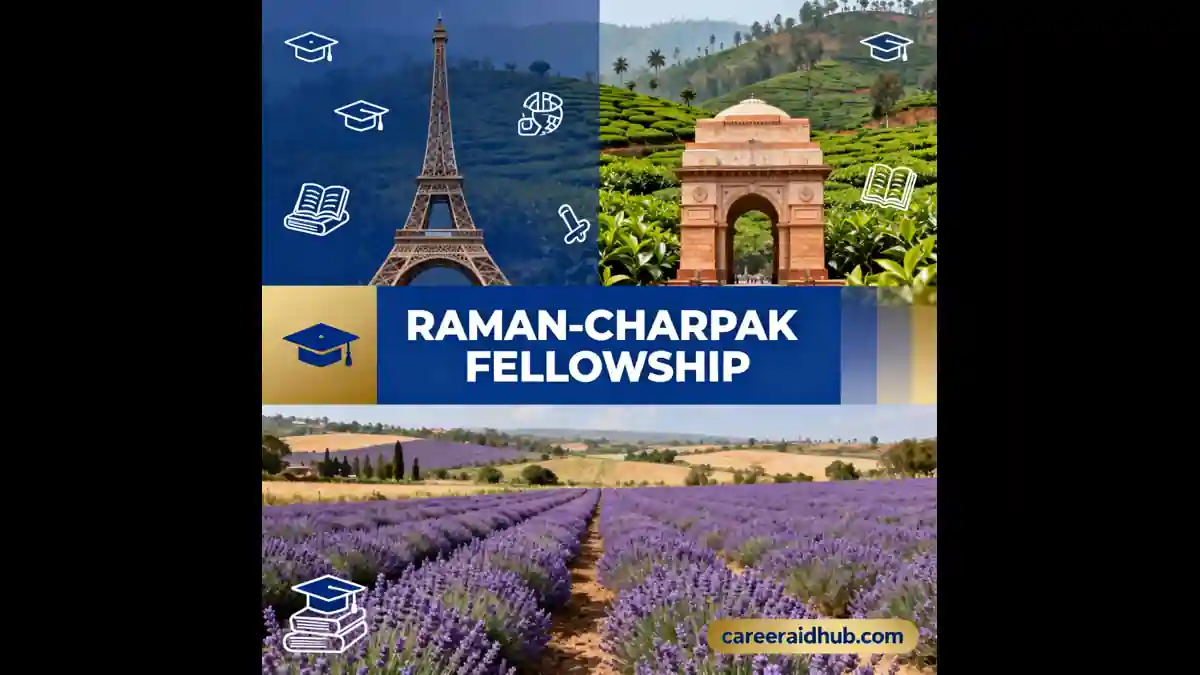 Raman–Charpak Fellowship guide banner for Indian French researchers highlighting funding, eligibility, timeline, hosts, documents requirements