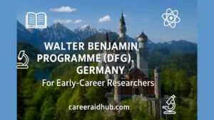 Walter Benjamin Programme DFG postdoc funding banner explaining position and fellowship tracks, Germany and abroad
