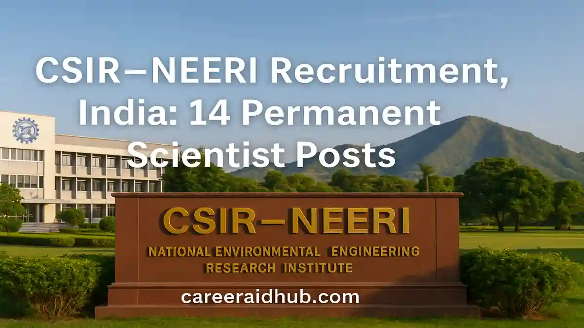 CSIR NEERI scientist recruitment graphic with environmental lab, green technology symbols and Indian campus background