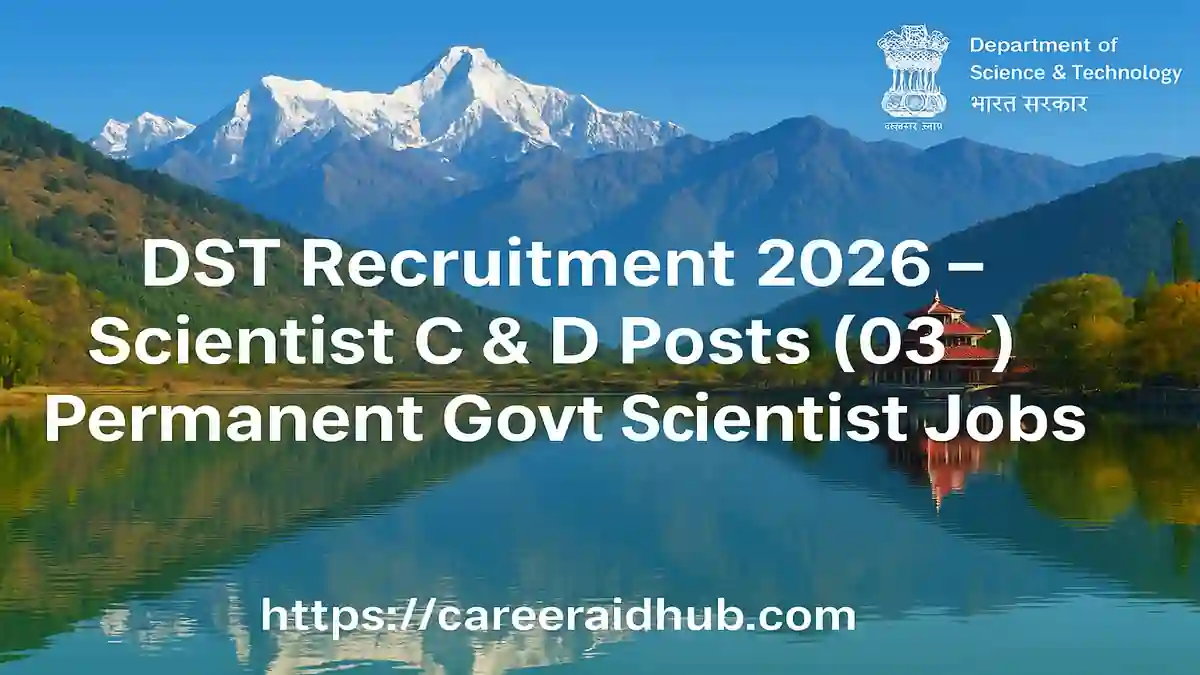 DST scientist recruitment permanent government jobs banner showing New Delhi Group A gazetted research career illustration.
