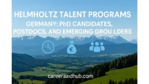 Researchers discussing proposals at Helmholtz center, highlighting talent programs, investigator groups, mobility, leadership training opportunities.