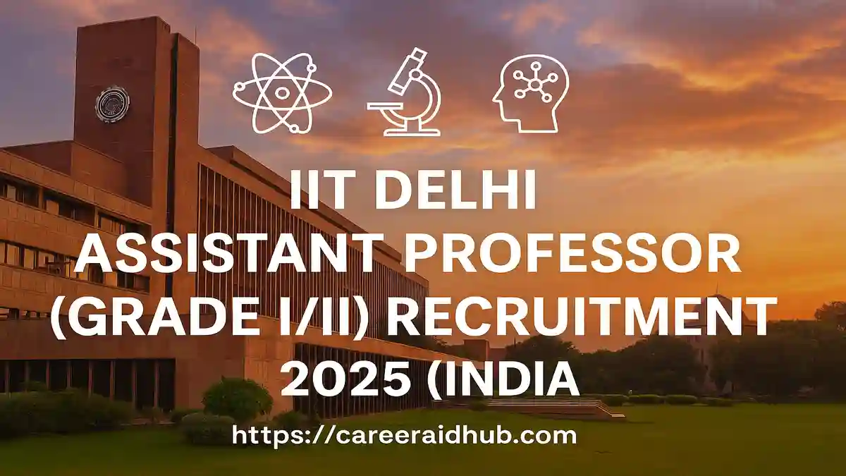 Night view of IIT Delhi campus with faculty recruitment banner highlighting assistant professor career opportunities