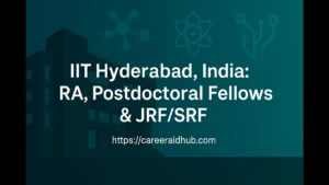 IIT Hyderabad careers page showing JRF, SRF, RA, Postdoctoral positions, application steps, eligibility, stipend information