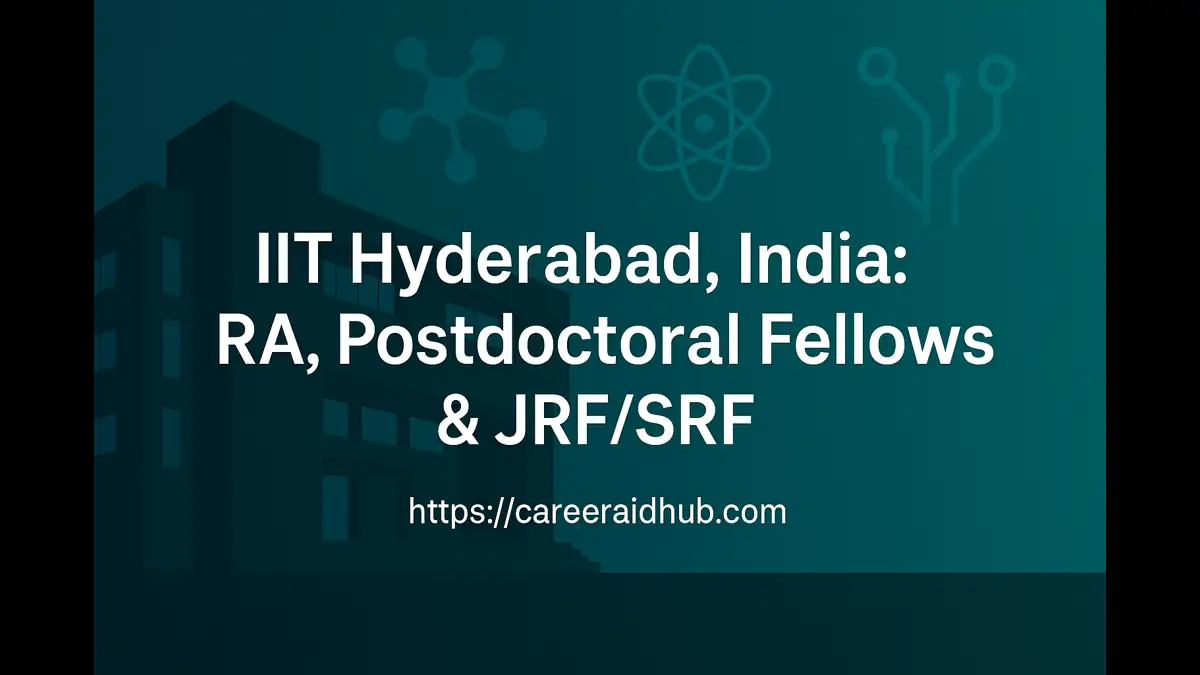 IIT Hyderabad careers page showing JRF, SRF, RA, Postdoctoral positions, application steps, eligibility, stipend information
