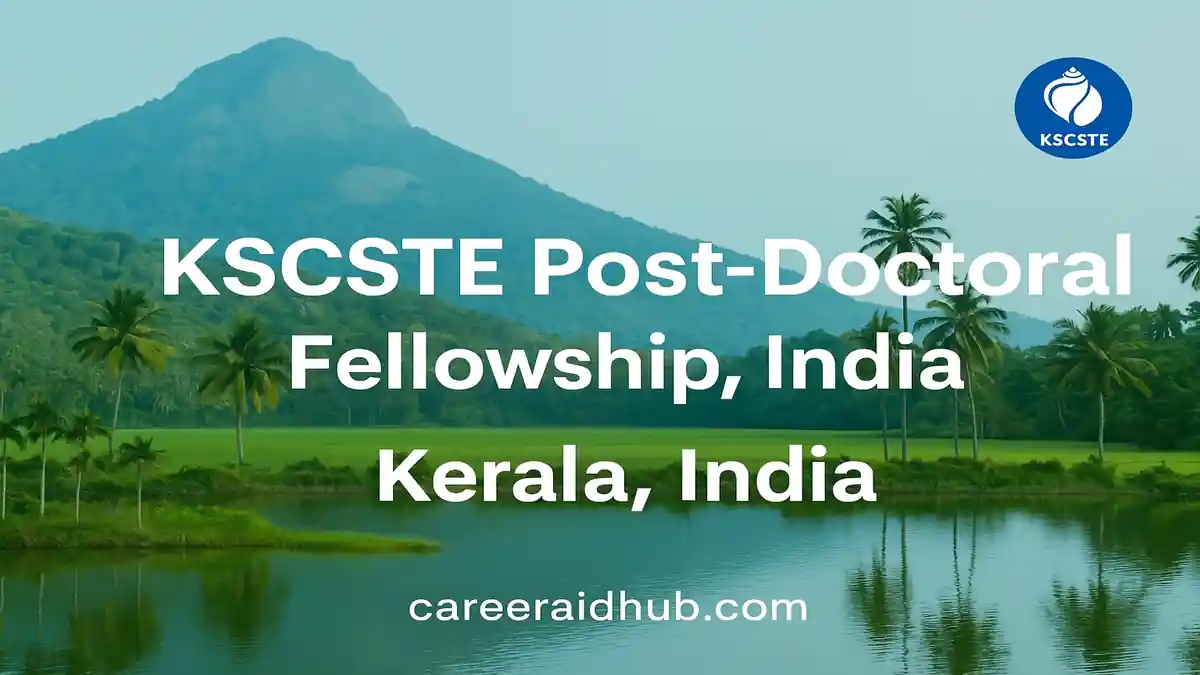 Kerala KSCSTE post-doctoral fellowship information banner showing funding, eligibility, and application details for early-career researchers