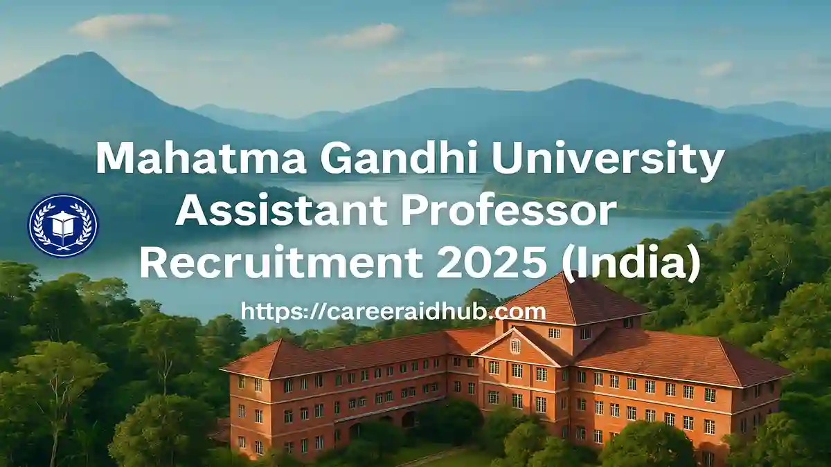 Mahatma Gandhi University Kottayam campus building with assistant professor recruitment banner and academic landscape background