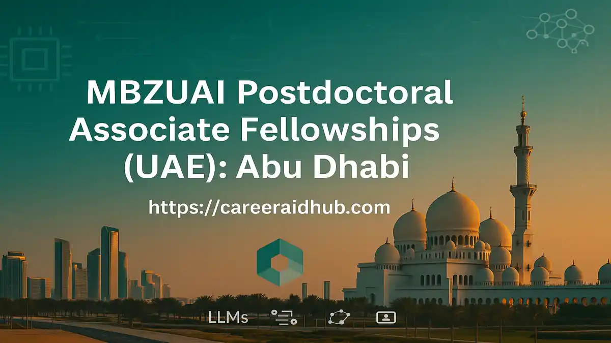 Abu Dhabi skyline; MBZUAI campus banner promoting postdoctoral roles in LLMs, NLP, ML systems, recommenders.