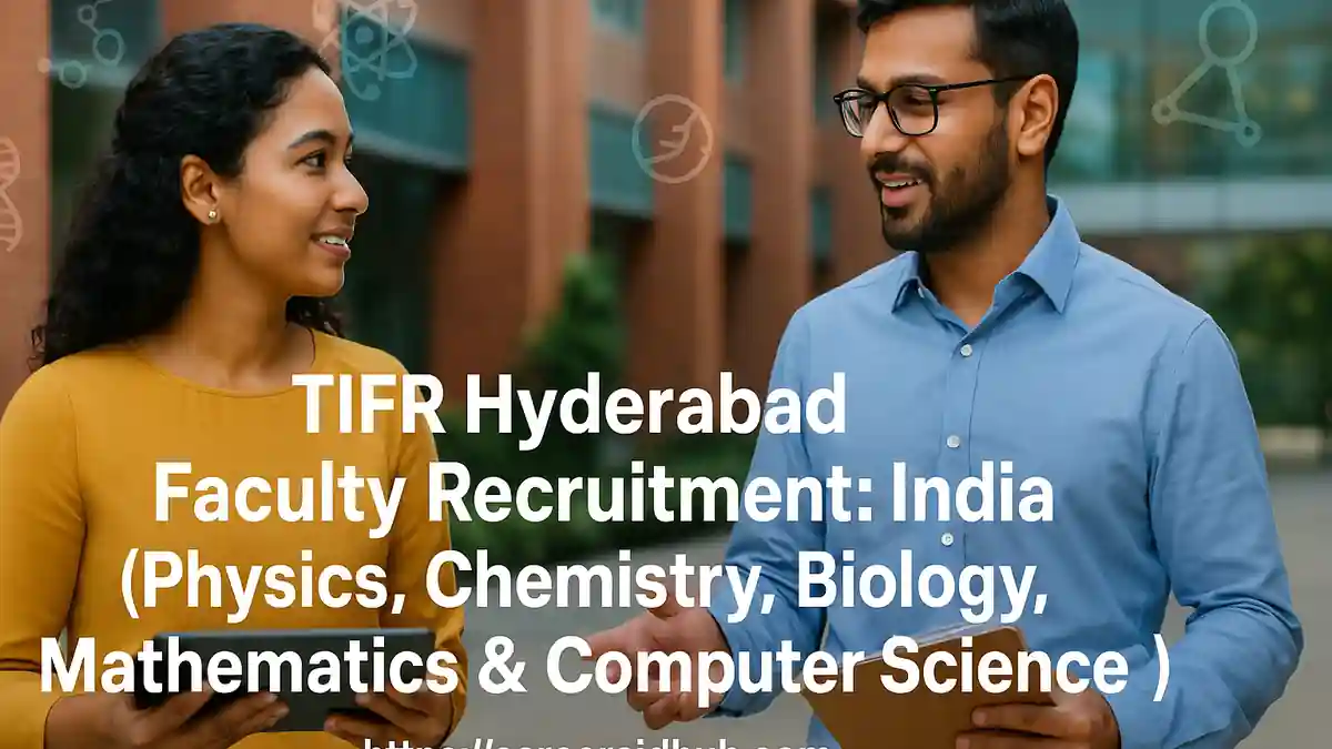 TIFR Hyderabad faculty recruitment banner highlighting rolling applications, start-up funds, core facilities, interdisciplinary research opportunities