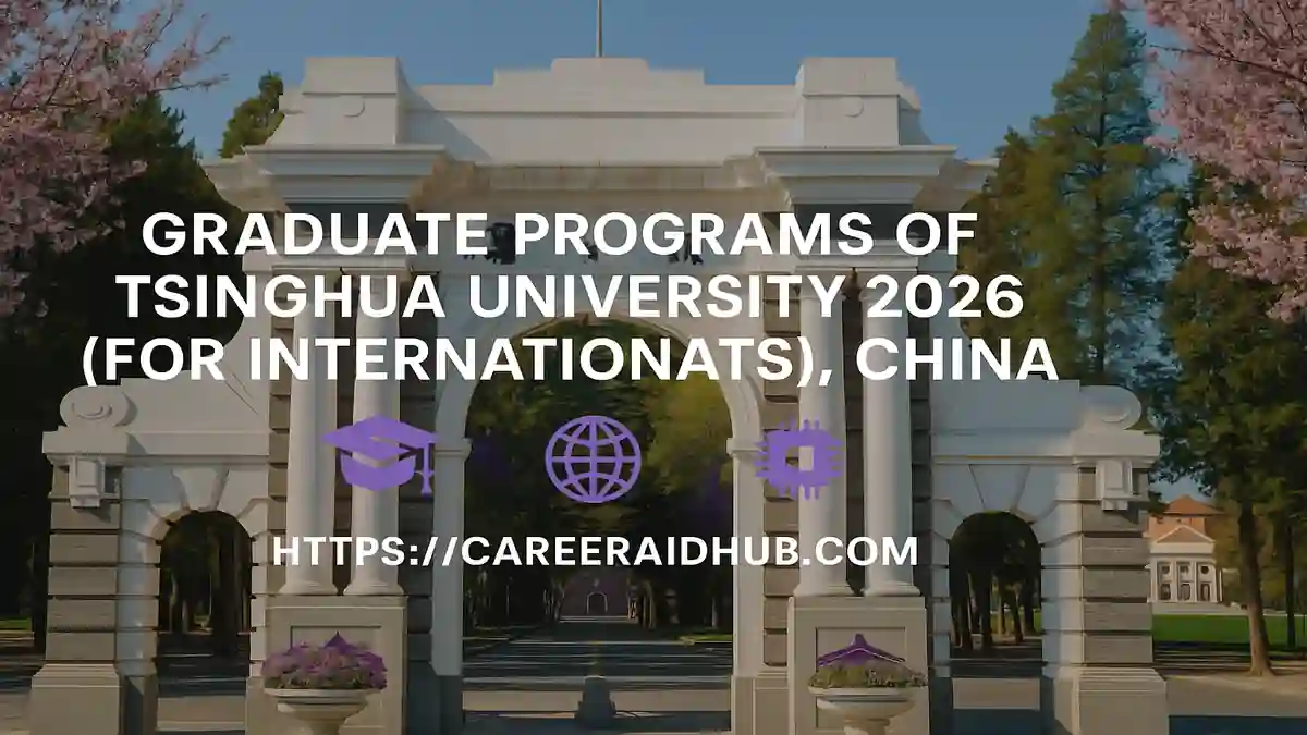 Tsinghua University campus with iconic gate, promoting international graduate admissions, programs, scholarships, application portal guidance