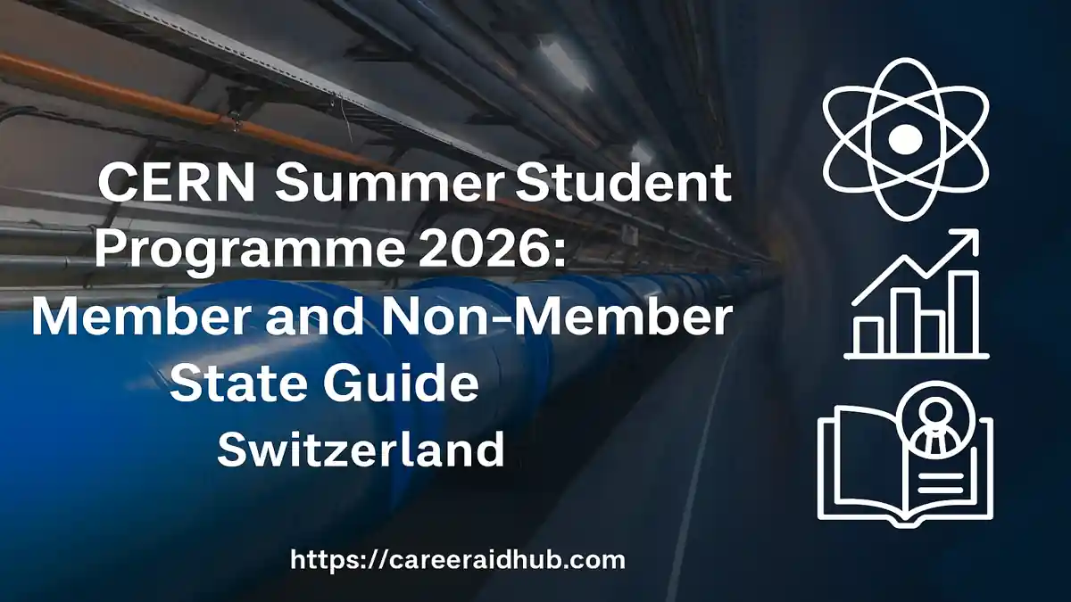 CERN summer student programme banner with accelerator tunnel, graphics and icons for physics students worldwide