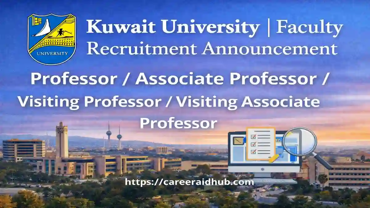 Kuwait University faculty recruitment banner showing campus skyline and job portal icons for international applicants.