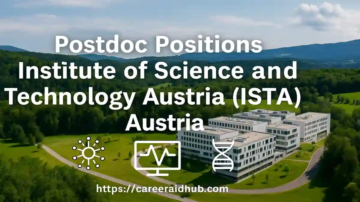 ISTA campus with research icons promoting postdoc opportunities in causal learning and artificial intelligence