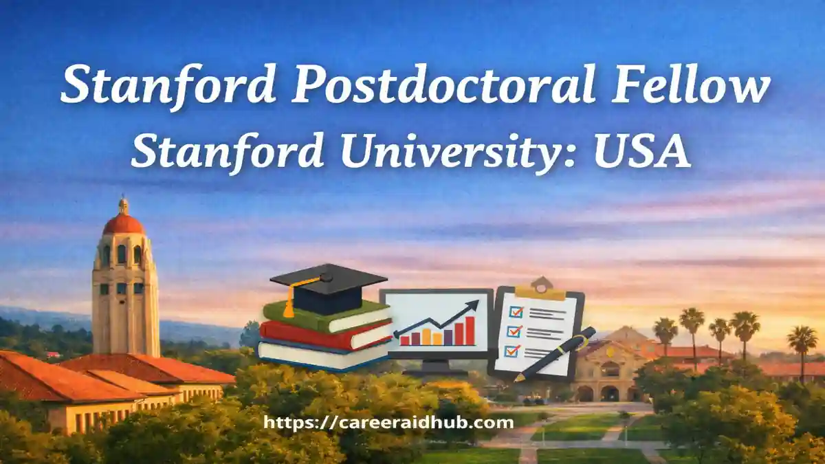 Stanford Postdoctoral Fellow program guide banner showing Stanford campus and research icons for international applicants.