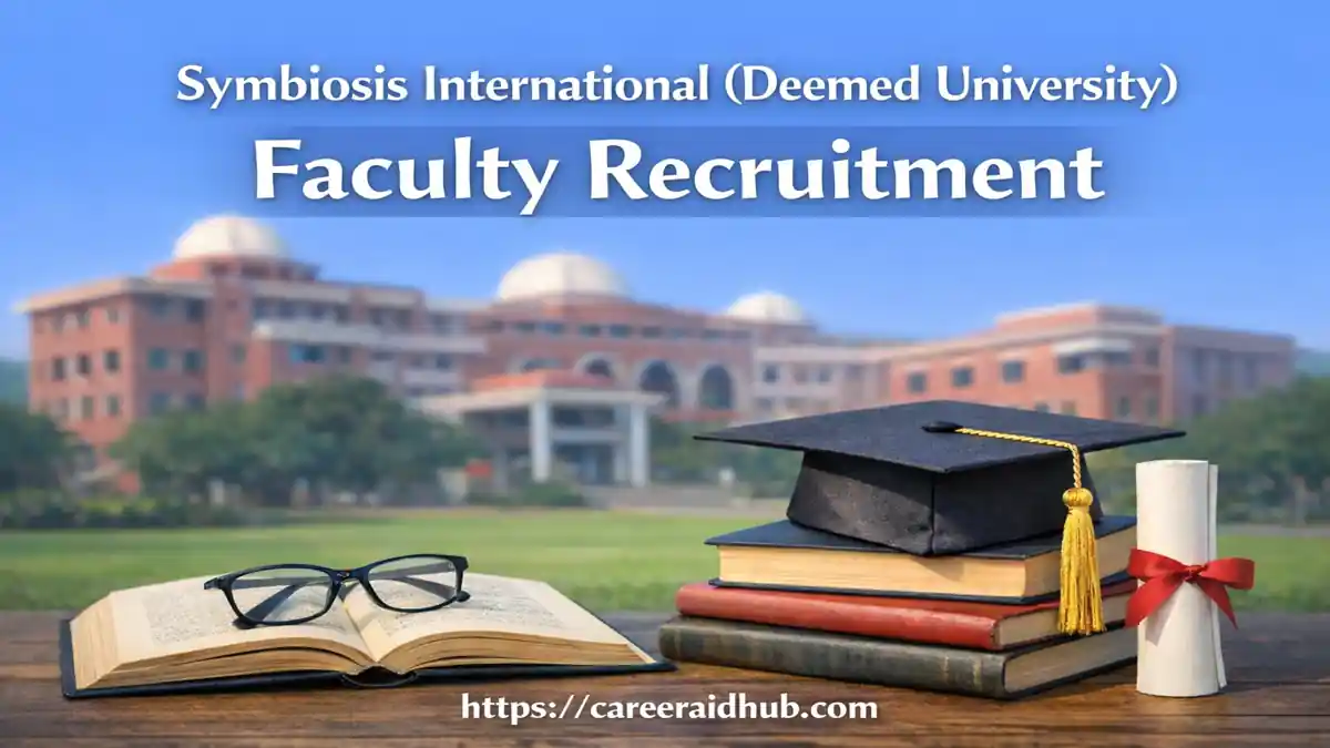 Symbiosis International University faculty recruitment banner with campus background, books, graduation cap, and website link.