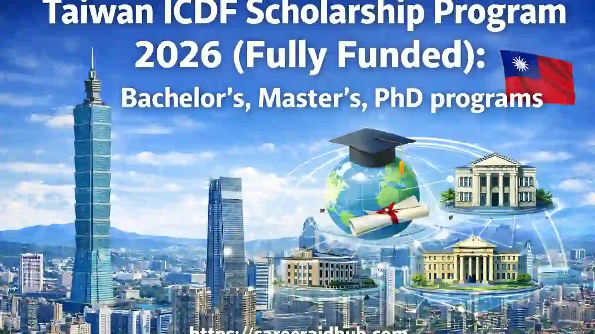 TaiwanICDF Scholarship Program banner showing Taiwan skyline, university icons, and TICA partner network concept.